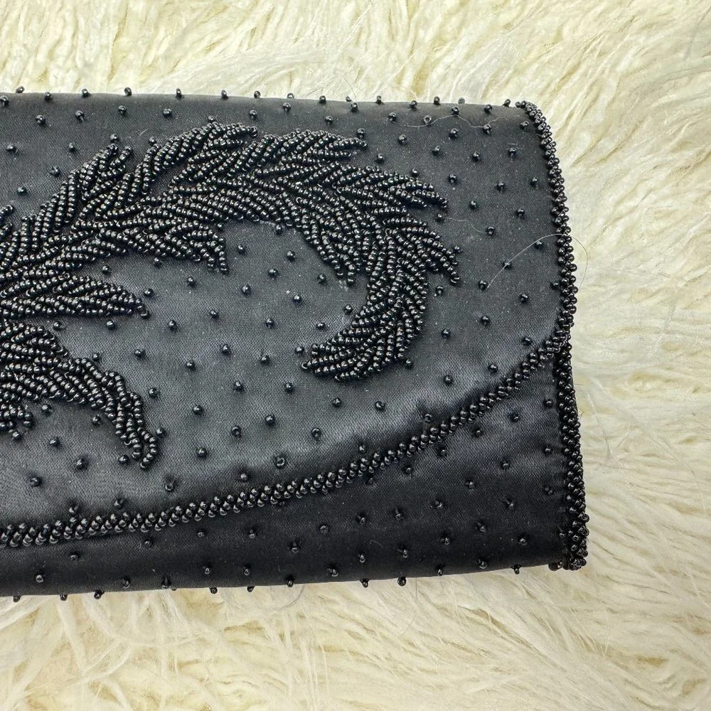 Vintage  Black Clutch  Bag Satin Beaded Event Evening Party Handmade Hong Kong